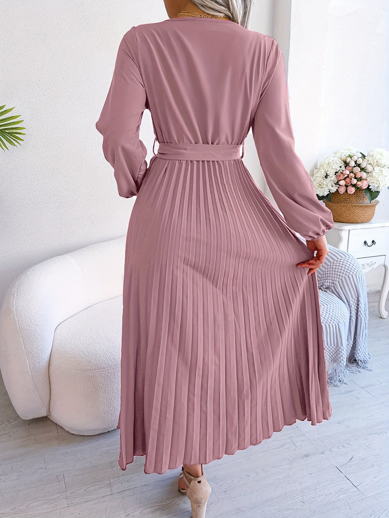 Womens Wrap Tie Dress Casual Fall V Neck Pleated Long Sleeve Solid Flowy Dress For Party Wedding Guest