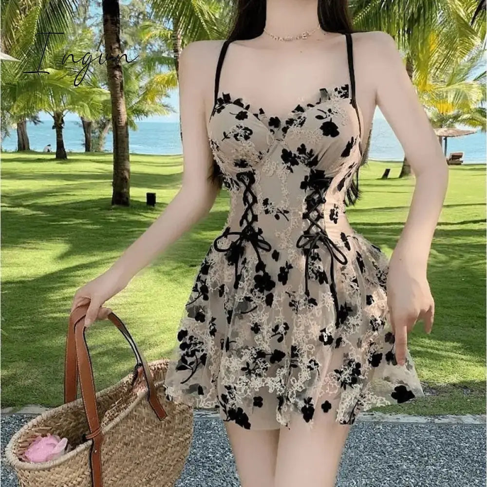 Ingvn - Backless Dress Women Lace Sexy Short Embroidery Mini Y2k Push Up Dress with Flowers Korean Dress Summer Gothic Party