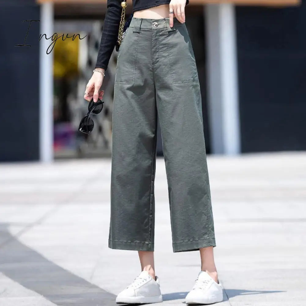Ingvn - High Waist Wide Leg Pants Women's Spring And Autumn 2023 New Fashion Versatile Crop Pants High Waist Straight Casual Pants