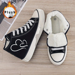 Ladies' Black and White Canvas Sneakers with Heart Design - Lightweight, Cartoon Print, All-Season, Random Print, Fabric Upper, Inner Liner, and Rubber Sole