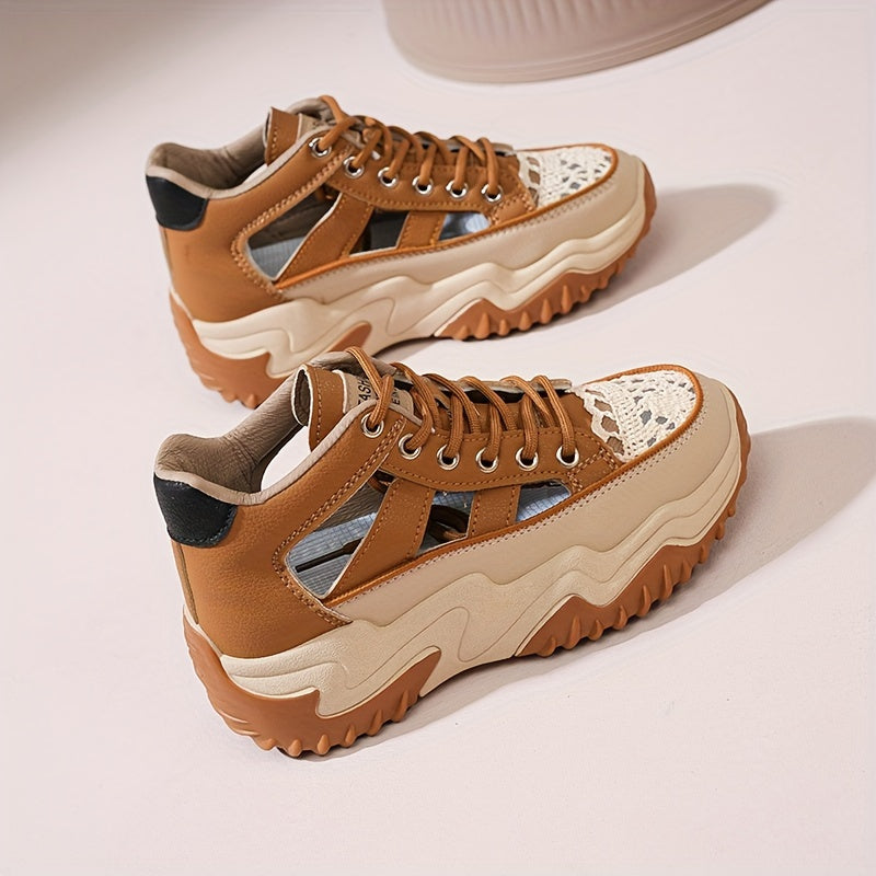 Fashionable Womens Platform Sneakers - Breathable Hollow Out Design - Lightweight Summer Shoes for Stylish Outdoor Adventures - Versatile Lace-Up High Tops for All-Day Comfort