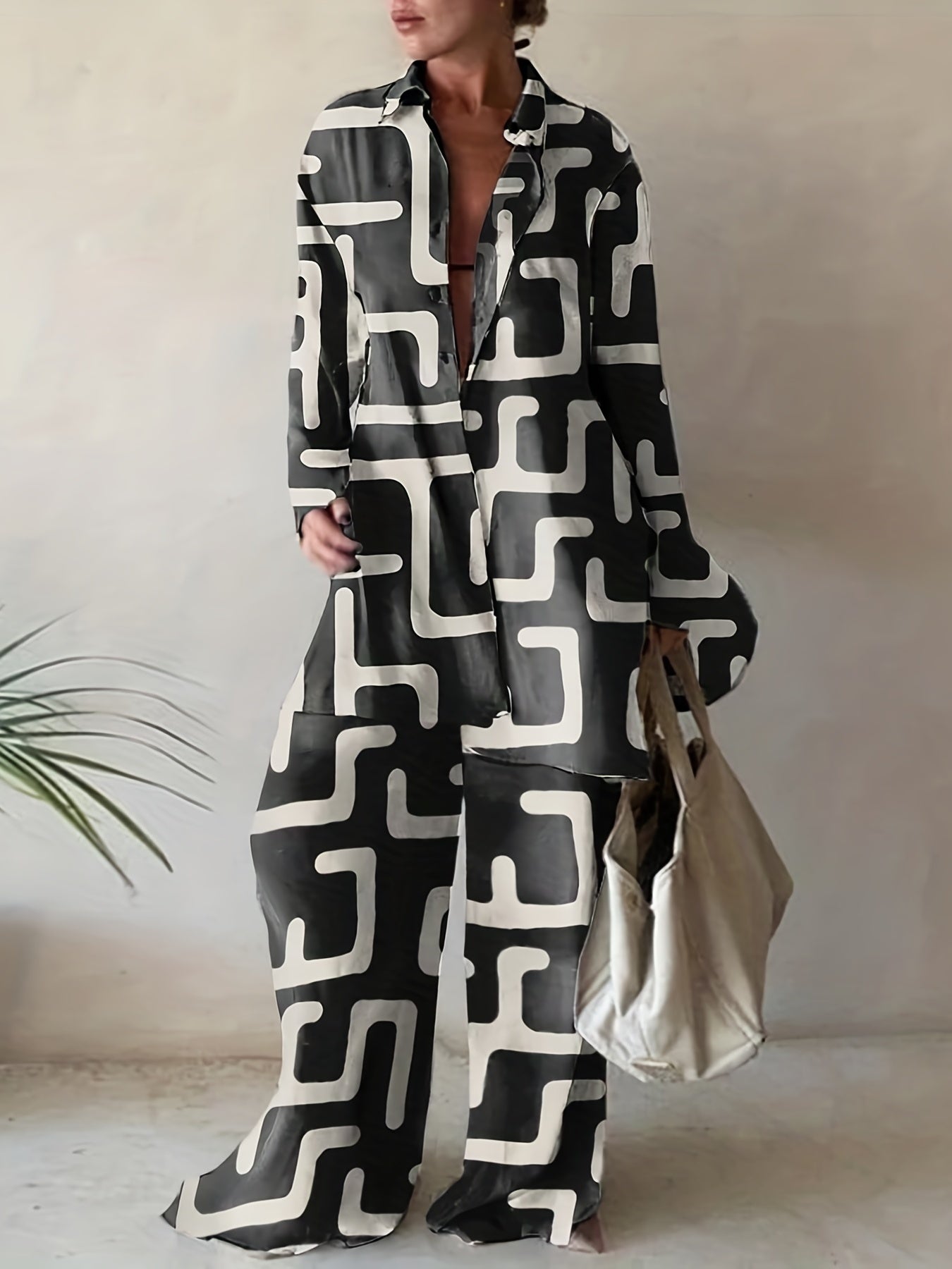 Plus Size Casual Outfits Two Piece Set, Women's Plus Abstract Stripe Print Button Up Long Sleeve Lapel Collar Shirt Top & High Rise Wide Leg Pant Outfits Two Piece Set