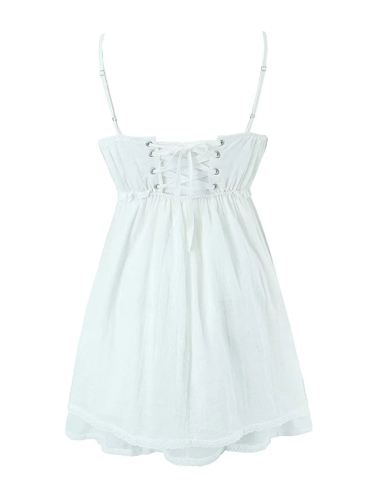 Summer Women Embroidery Spliced Bow White Sling Dress Sexy Sleeveless Back Lacing Up Ladies Holiday Party Mini Robe