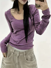 Cozy Striped Long Sleeve Crew Neck T-Shirt - Soft, Breathable, and Stylish for Spring & Fall - Women's Casual Wear for Everyday Comfort