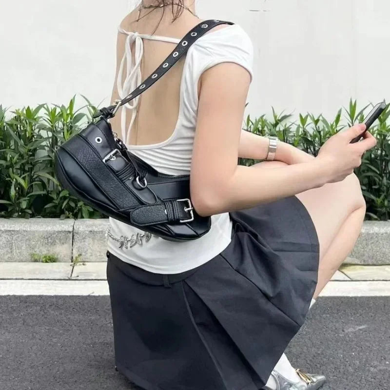 Ingvn  Vintage Belts Deco Women Shoulder Bags Designer Armpit Bag Punk Motorcycle Bag Luxury Pu Leather Lady Handbag