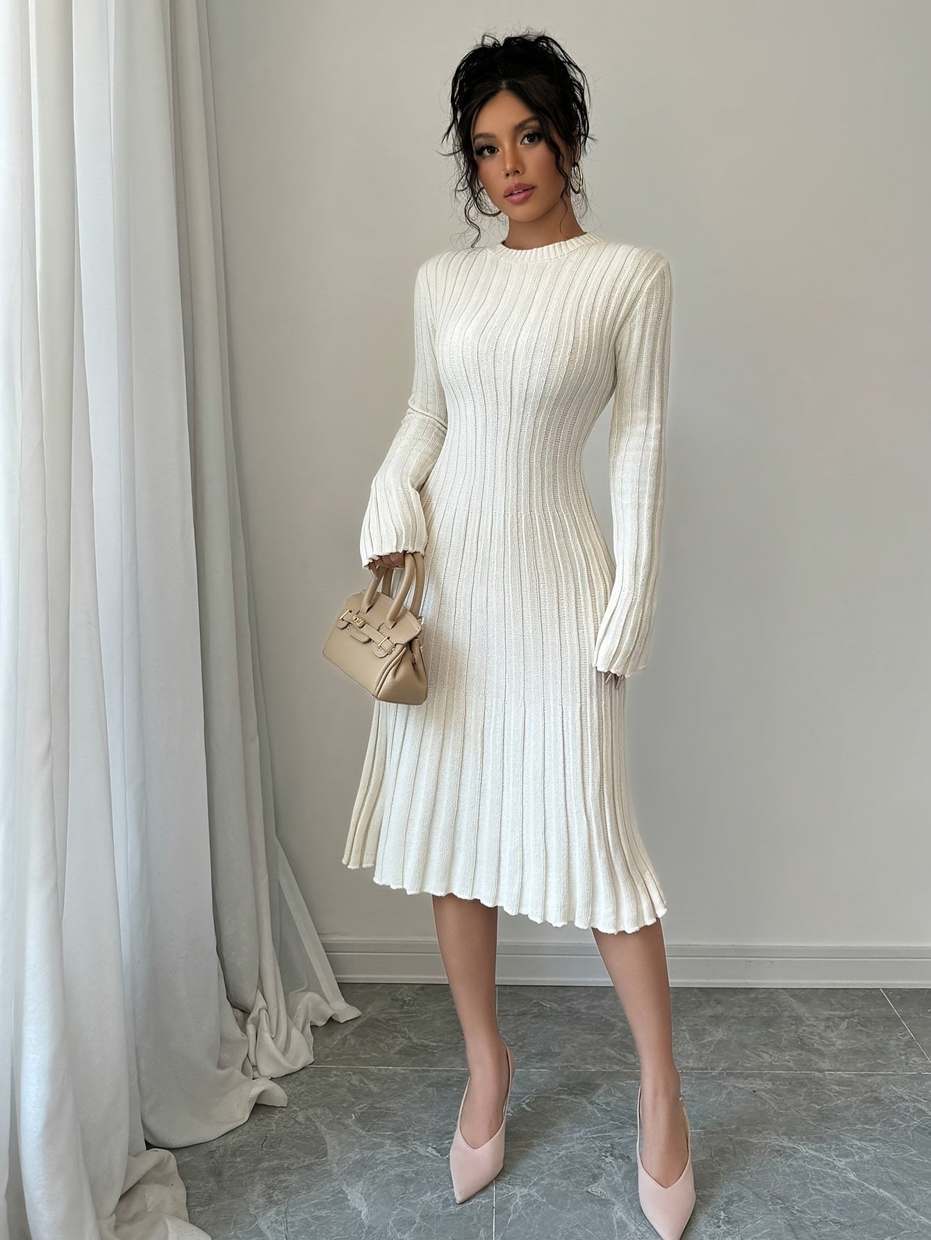 [Long Sleeve Ribbed Knit Sweater] Elegant Solid Color Ribbed Knit Sweater Dress for Women - Crew Neck, Long Sleeve, Pleated Design, Perfect for Fall & Winter