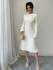 [Long Sleeve Ribbed Knit Sweater] Elegant Solid Color Ribbed Knit Sweater Dress for Women - Crew Neck, Long Sleeve, Pleated Design, Perfect for Fall & Winter