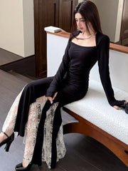 Elegant Black Pleated Mermaid Dress for Women Autumn Long Sleeves Lace Patchwork Slim Party Fairy Long Dresses Female Clothing