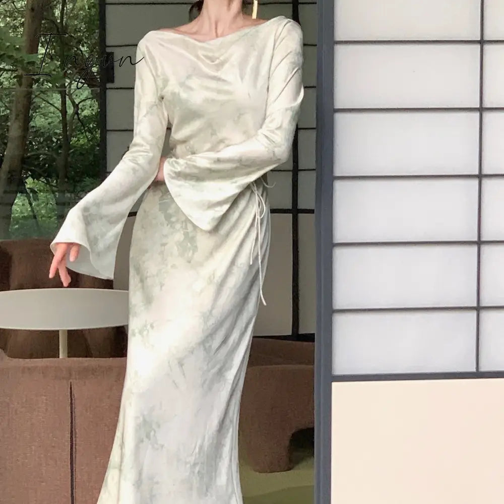 Ingvn - Autumn New Elegant Formal Occasion Evening Party Dresses Women Vintage Bodycon Long Sleeve Robe Office Lady Chic Clothes 2023