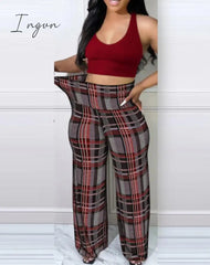 Ingvn - Women's Pants Autumn Fashion Plaid Print Casual High Waist Daily Long Pants