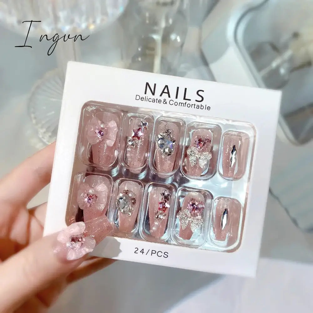 Handmade Press on Nails Long Ballet Blue Fake Nails with 3D Snowflake Moon Rhinestone Design False Nails Full Cover Nail Tips