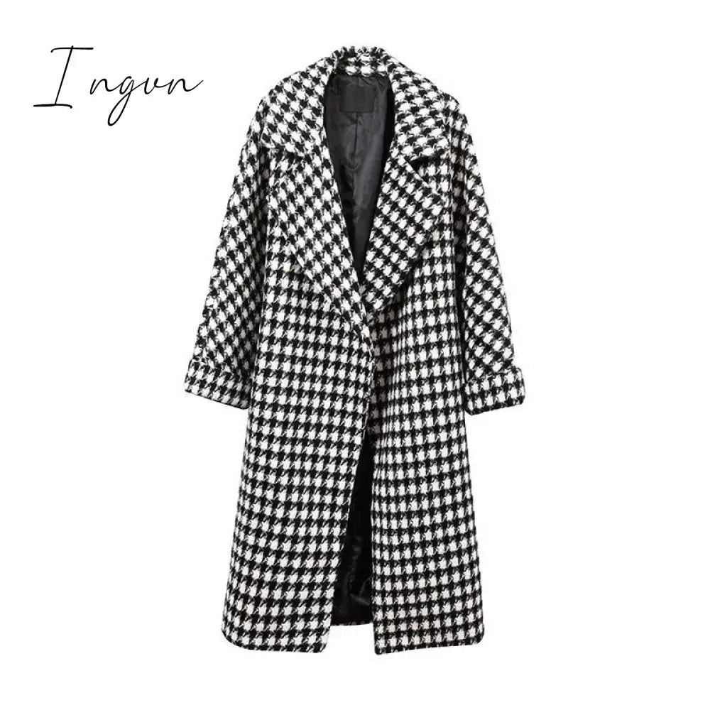 Ingvn - Retro Long Sleeve Lady Houndstooth Outwear Lapel New Casual Loose Coat Autumn Fashion Overcoat Jacket Streetwear Coat