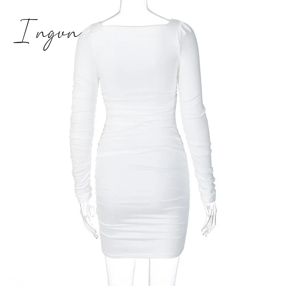 Ingvn - Hot Sale White Long Sleeve Dress For Women Black Vestido de Mujer Robe Femme Autumn Spring Ruched Elegantes Bodycon Dresses