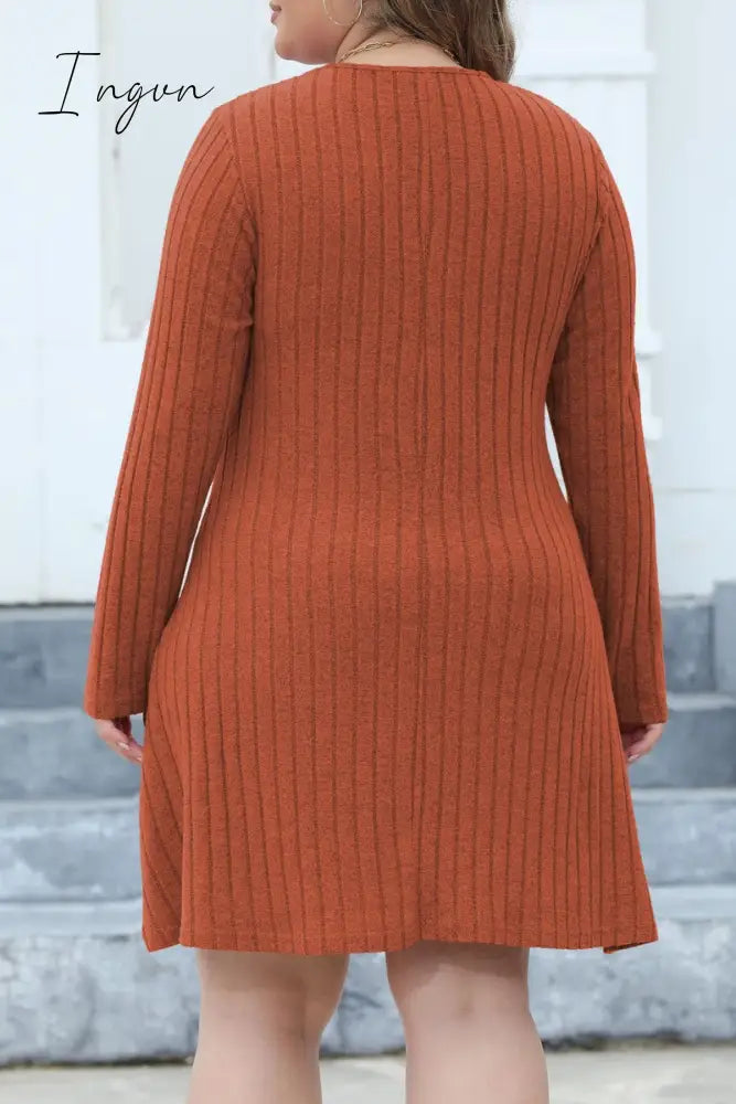 Ingvn - Casual Solid Patchwork V Neck Long Sleeve Plus Size Dresses (Without Belt)