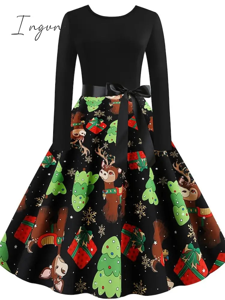 Ingvn - Women's Christmas Swing Dress Knee Length Dress Black Long Sleeve  Tree Bow Print Fall Winter Round Neck Vintage  Party 2021 S M L XL XXL