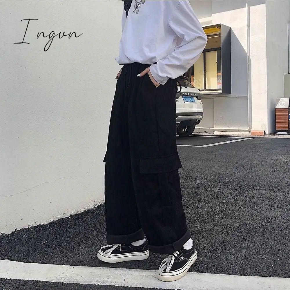 Ingvn - Summer Outfits Trends Women's Cargo Pants Corduroy Wide Leg Pocket Jogger Trousers Autumn Winter Casual Loose Streetwear Harajuku Harem Pant Females