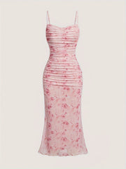 High Stretch Floral Print Mesh Cami Dress - Machine Washable, Lettuce Hem - Perfect for All Seasons