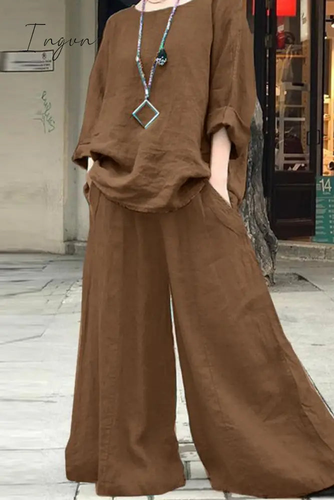 Ingvn - Casual Simplicity Solid Pocket O Neck Long Sleeve Two Pieces