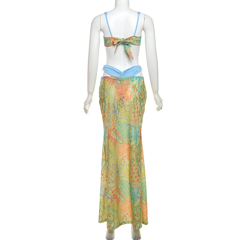 Summer Sexy Print 3 Pics Dress Set Women Pleated Bra + Low Waist Print Long Skirt Suit Female Summer Vacation Beachwear Suits