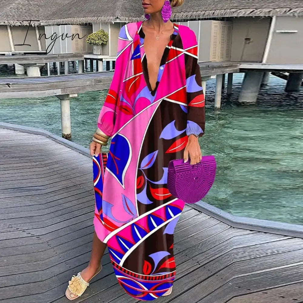Ingvn - Autumn New Women's Loose Long Sleeves Dress Casual Printed Long Sleeves Streetwear Ladies Fashion V Neck Elegant Commute Dresses
