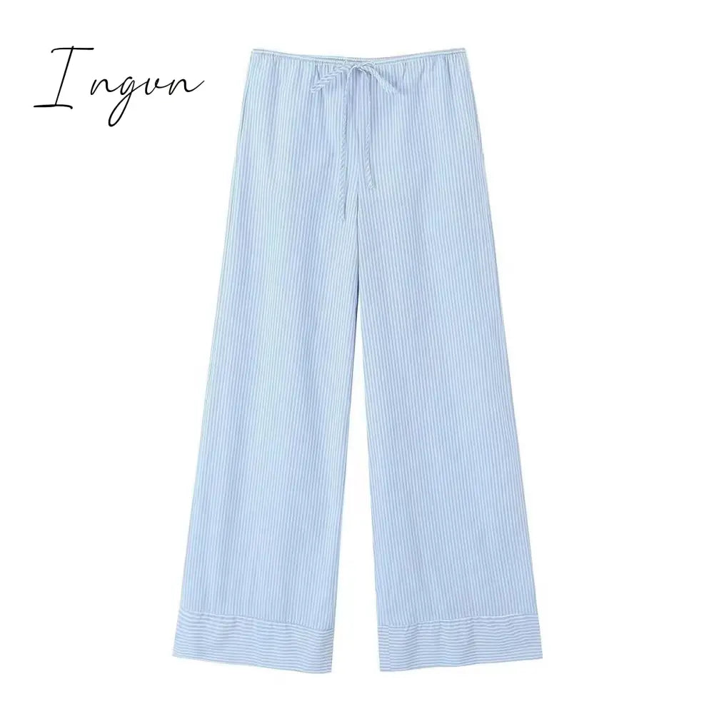 Ingvn - Fashion Striped Women's Pants 2023 Summer Wide Leg Pants Women Casual Loose Trousers Ladies Low Waist Lace Up Pant New In