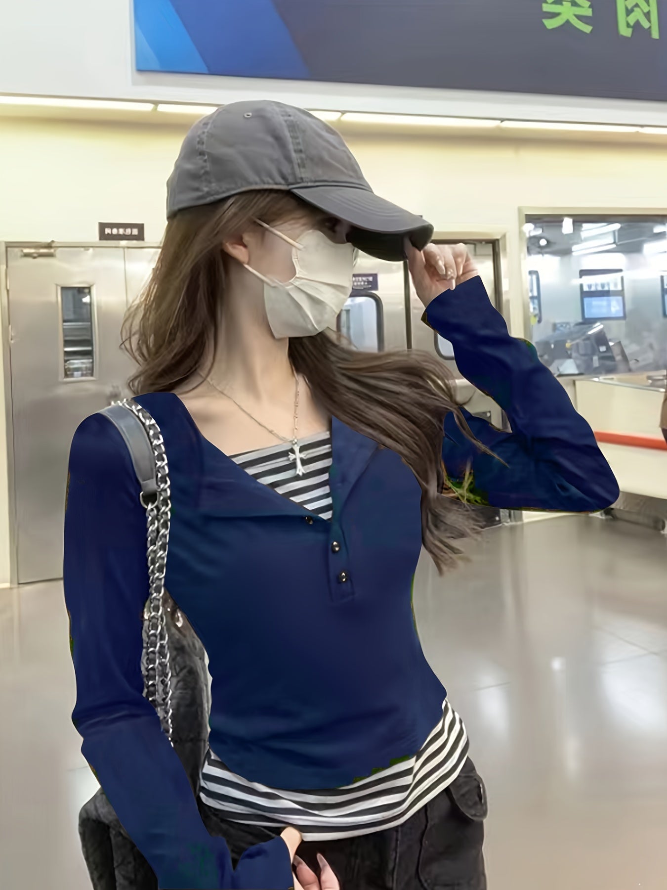 2 In 1 Long Sleeve Striped Print T-shirt, Casual Button Front Top For Women, Spring & Fall