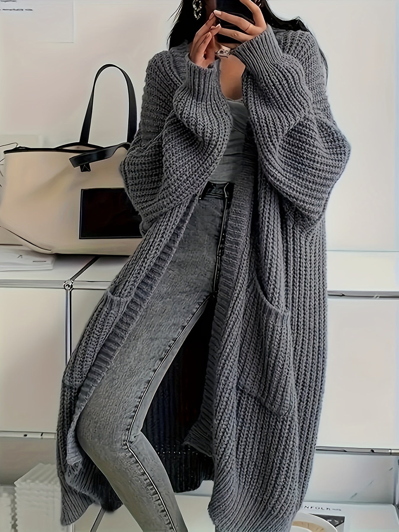 Plus Size Solid Color Knitted Open Front Cardigan, Long Sleeve Casual Pockets For Fall & Winter, Women's Clothing