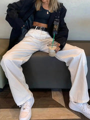 Ingvn - Fashion Streetwear Women Jeans Pocket High Waist Jeans Korean Casual Straight Harajuku Denim Pants Baggy New Cargo Pants