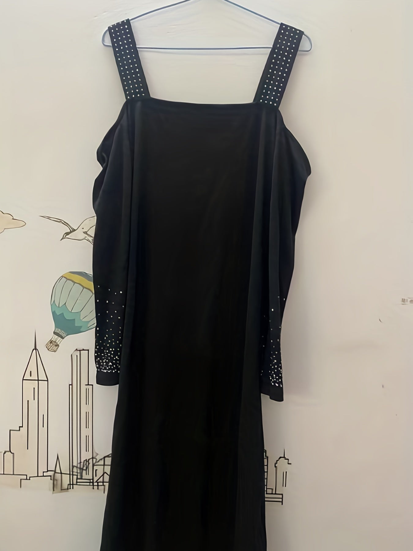 Rhinestone Cold Shoulder Dress, Elegant Long Sleeve Split Dress, Women's Clothing