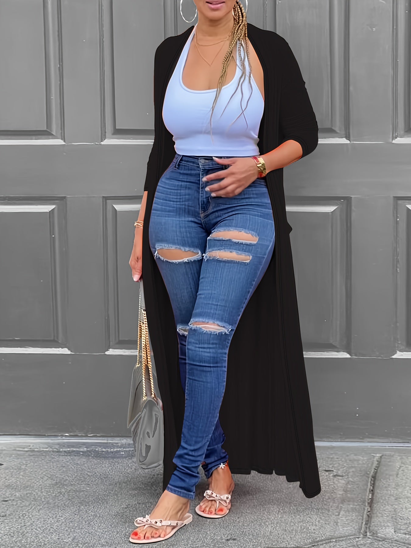 1pc Women's Plus Size Long Cardigan - Casual Style, Solid Color, Polyester Knit, Open Front, Long Sleeve, Pullover, Non-Waterproof, for Spring/Autumn