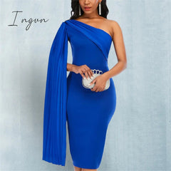 Ingvn - womens fashion Women Party Dress Blue Elegant Celebrity Sexy One Shoulder Ruched Ribbon Bodycon Plus Size Red Dinner Date Out Night Dresses XL