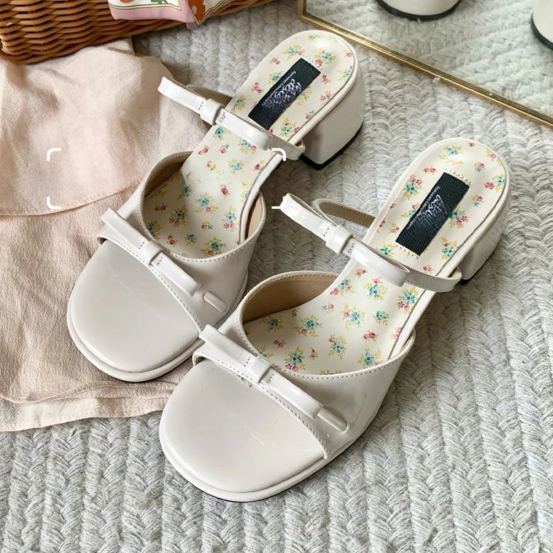 High Heels Women Slippers Bow Chunky Heeled Shoes Dress Fashion Woman Sandals 2025 New Designer Pumps Luxury Sandalias De Mujer