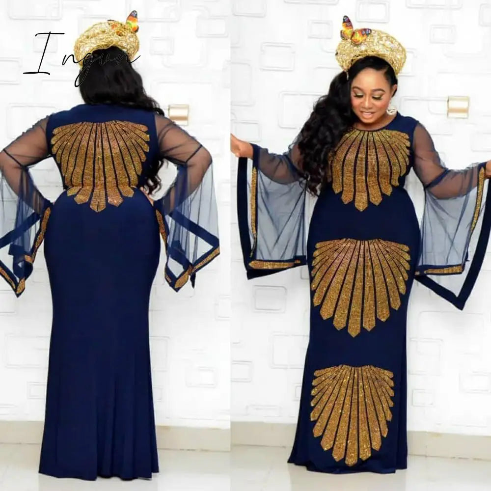 Ingvn - African mom dress fashion gauze horn sleeve hot diamond hip-covered fish tail large size stretch dress