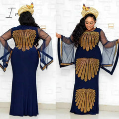 Ingvn - African mom dress fashion gauze horn sleeve hot diamond hip-covered fish tail large size stretch dress