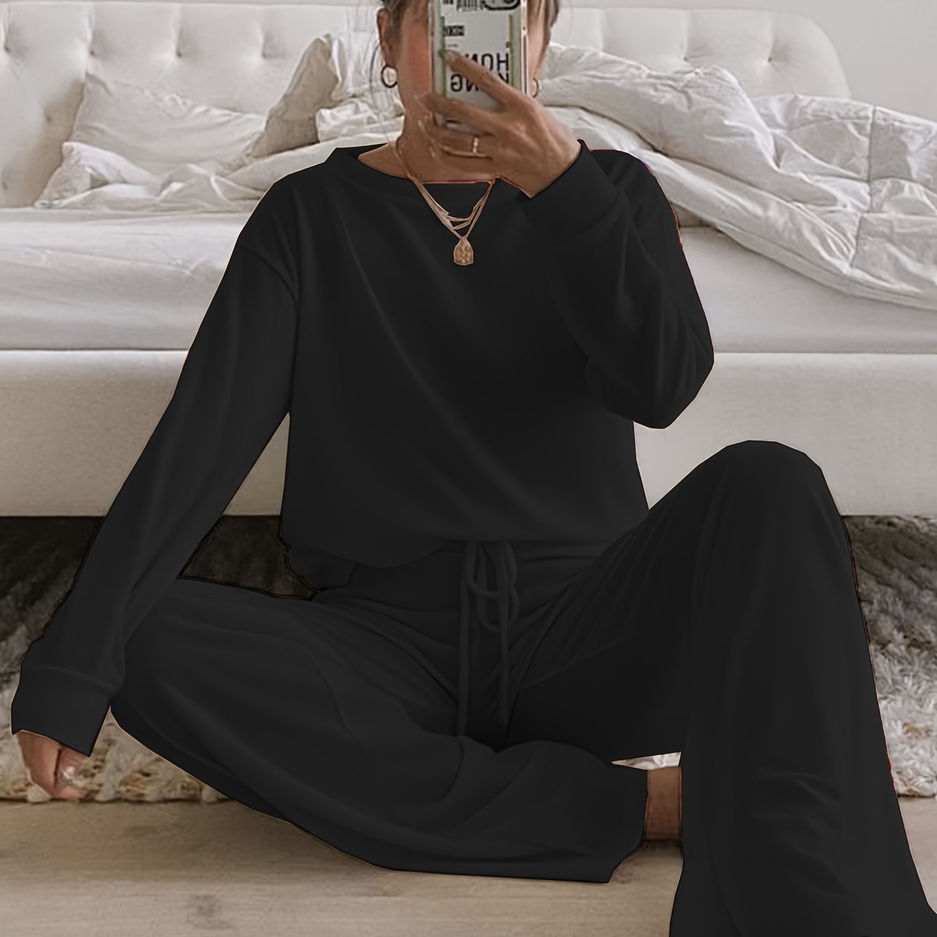 Cozy Women's Solid Lounge Set - Soft Long Sleeve Round Neck Top & Elastic Drawstring Pants for Ultimate Comfort - Perfect Relaxed Fit for Fall and Winter Seasons