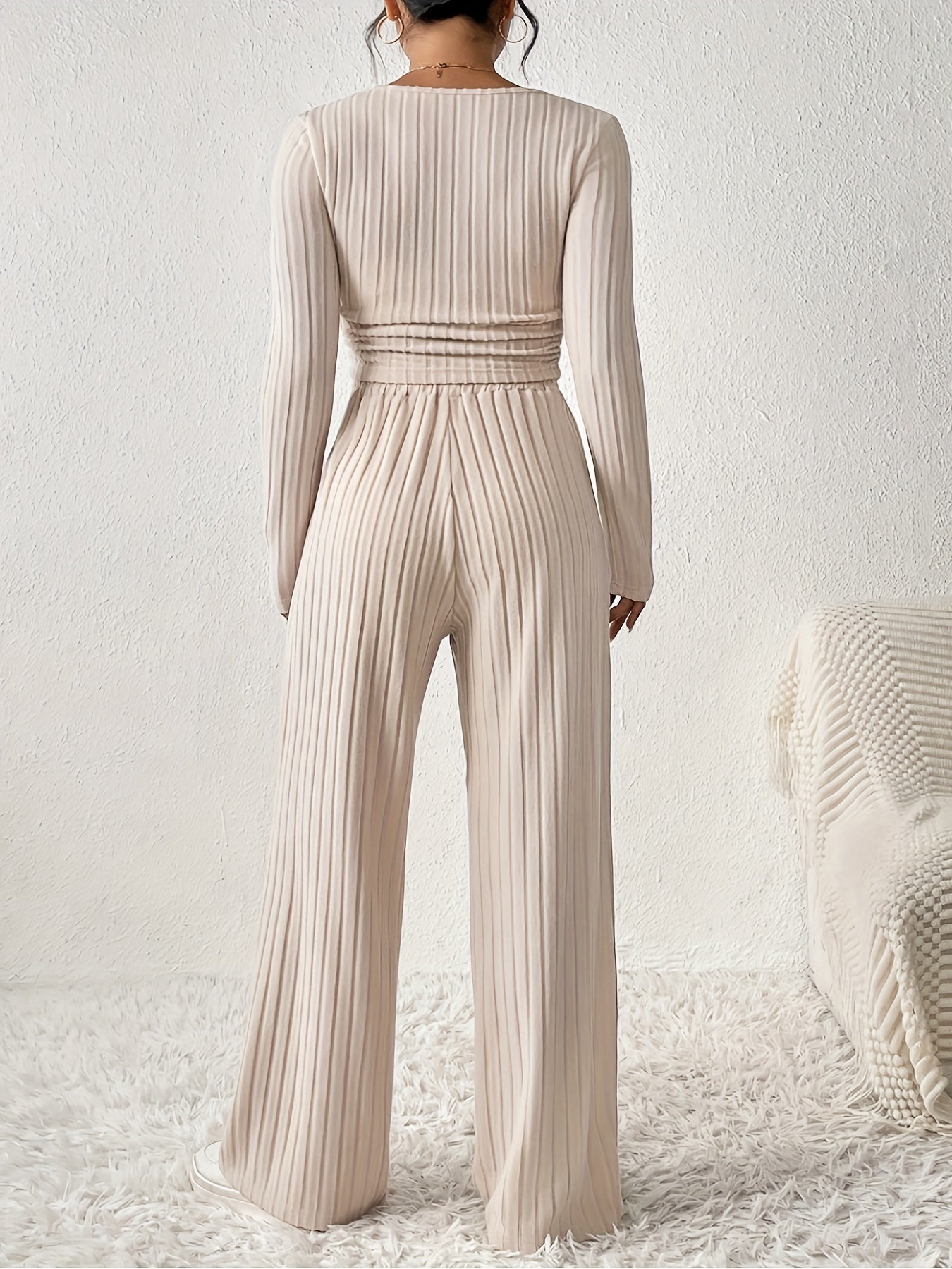 Casual Ribbed Solid Color Pants Set, Low Cut Neck Long Sleeve Crop Top & Elastic Waist Wide Leg Loose Pants, Women's Clothing