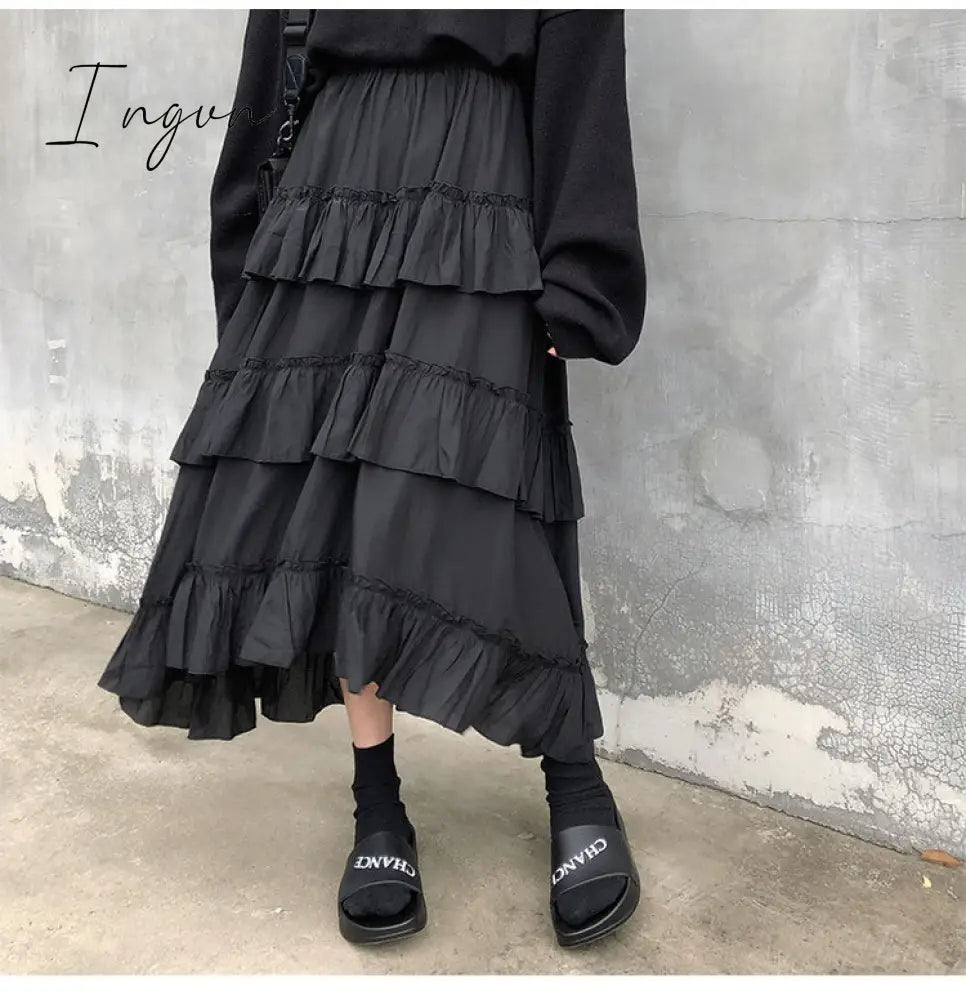 Ingvn - Midi Long Skirts Womens Maxi Skirt Goth Lolita Summer High Waisted Asymmetrical High Low Ruched Ruffle Skirts rok