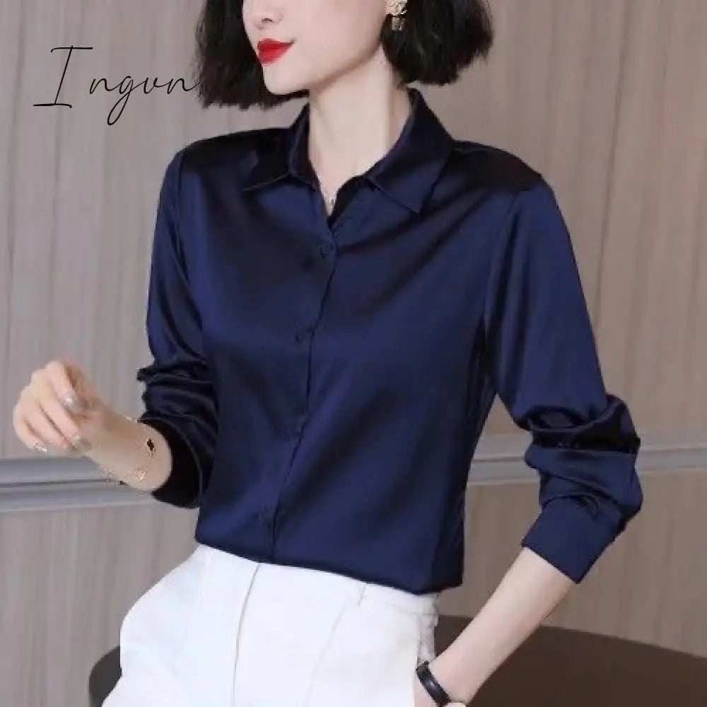 Ingvn - Brand Quality Luxury Women Shirt Elegant Office Button Up Long Sleeve Shirts Momi Silk Crepe Satin Blouses for Women Fashion Business Ladies Top