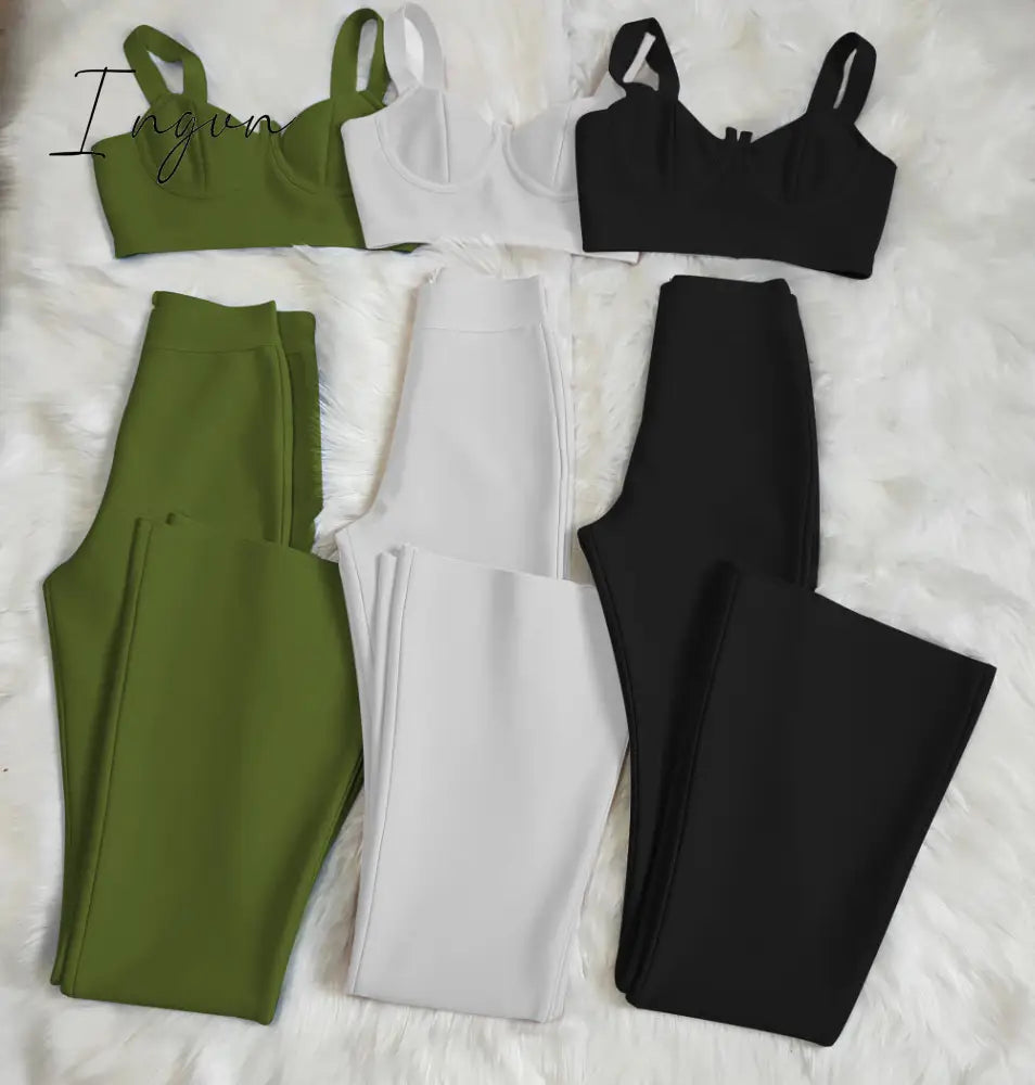 Ingvn - Summer New Women's Fashion Sexy Bandage 2 Two-piece Set Sleeveless Tight Short Top &  High Waist Flared Trousers Pants Set