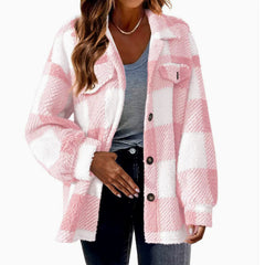 Autumn and Winter Open Button Lapel Plush Plaid Coat Plaid Pattern Button Front Jacket Warm