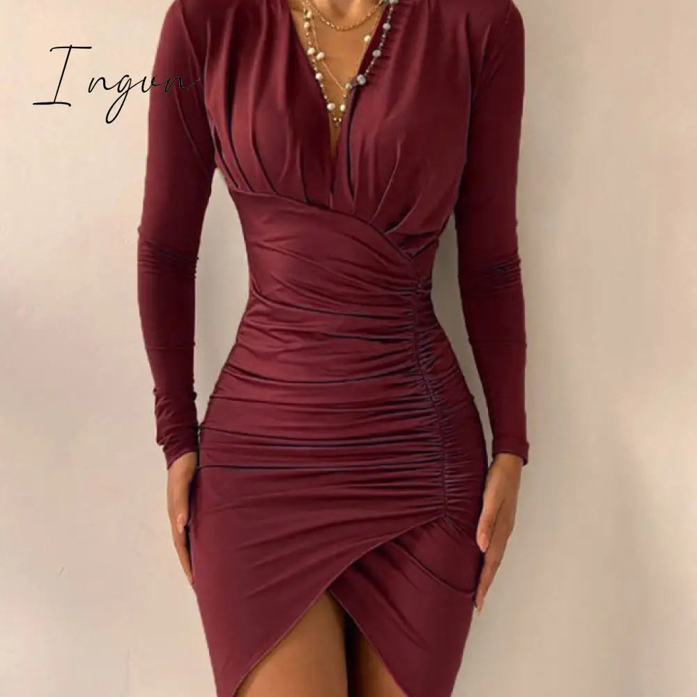 Ingvn - Women's Spring Sexy Package Hips Long-sleeve V-neck Printed Slit Dress Clothing Summer Black Bodycon Dresses For Women Party
