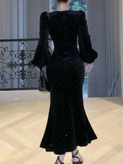 Elegant Velvet Black Mermaid Dress for Women Autumn Vintage Slim Solid Lantern Sleeve Dresses Fashion Evening Party Female Robe