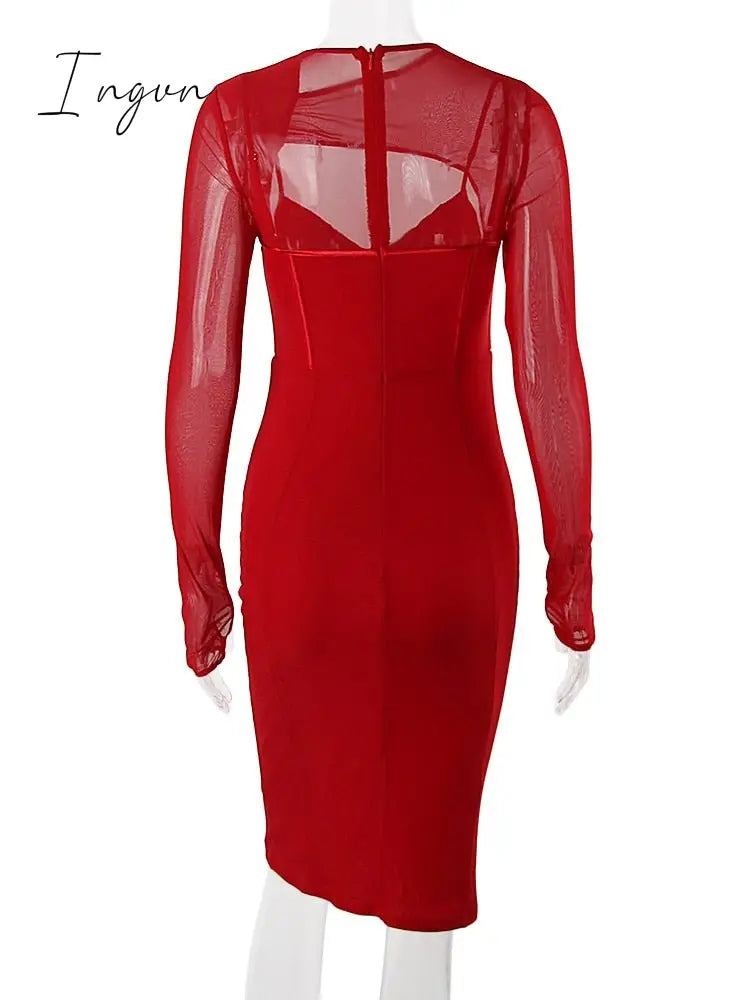 Ingvn - Spring Autumn Dresses for Women Winter Long Sleeve Padded Corset Hollow Out Lined Wedding Guest Dress Holiday Party Outfit Women Bodycon Elegant Dress