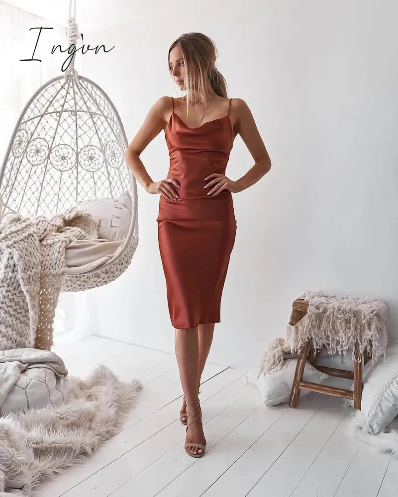 Ingvn - Summer Sleeveless Spaghetti Strap Black Silk Long Dress Sexy Backless Elegant Satin Bodycon Party Dress Woman Split Midi Dresses