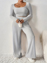 Casual Ribbed Solid Color Pants Set, Low Cut Neck Long Sleeve Crop Top & Elastic Waist Wide Leg Loose Pants, Women's Clothing