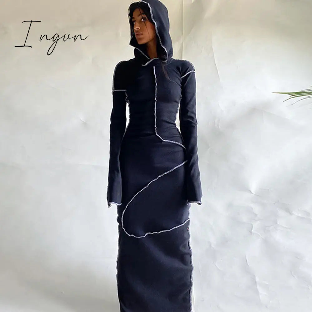 Ingvn - Long Sleeve Hooded Patchwork Skinny Maxi Dress Autumn Winter Women Fashion Streetwear Casual Outfits