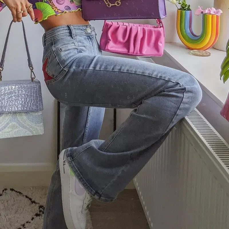 Ingvn  Retro Five Pointed Star Straight Women Jeans European and American Style Design Slim Fit Leg Length All Match Pants