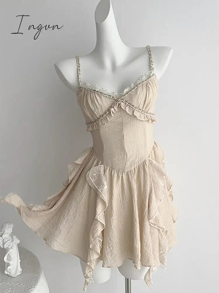 Ingvn - 2023 Summer Women French Ruffle Design Vintage Mini Spaghetti Strap Dress Prom Frocks Aesthetic Party Evening Elegant Luxury New