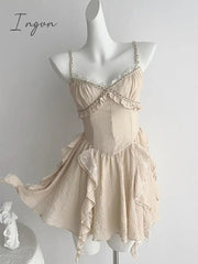 Ingvn - 2023 Summer Women French Ruffle Design Vintage Mini Spaghetti Strap Dress Prom Frocks Aesthetic Party Evening Elegant Luxury New