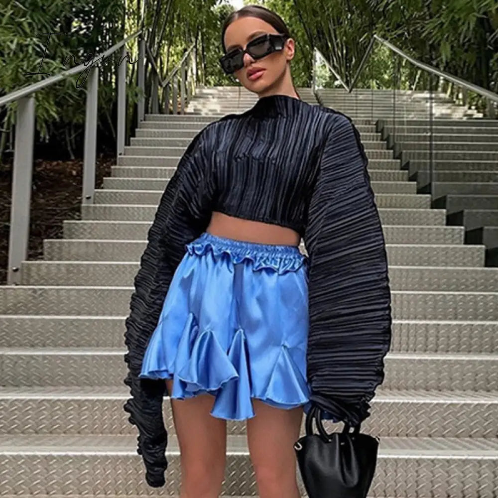 Ingvn - Green Tops Woman Casual Loose Short Ins Festival Tee Shirt Bat Sleeve Irregular Pullover Ins Women's Pleated Fold